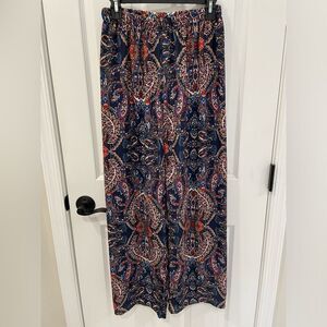 Navy Blue Red Indian Paisley Pattern Wide Palazzo Pants Women’s Size M